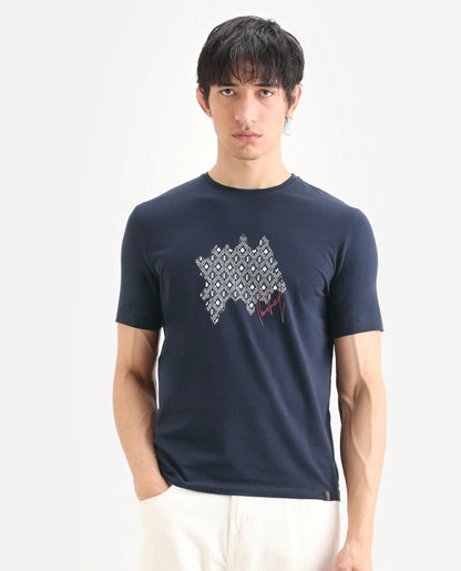 Rare Rabbit Men's Erine Navy Cotton Blend Fabric Half Sleeve Crew Neck Regular Fit Graphic Print T-Shirt