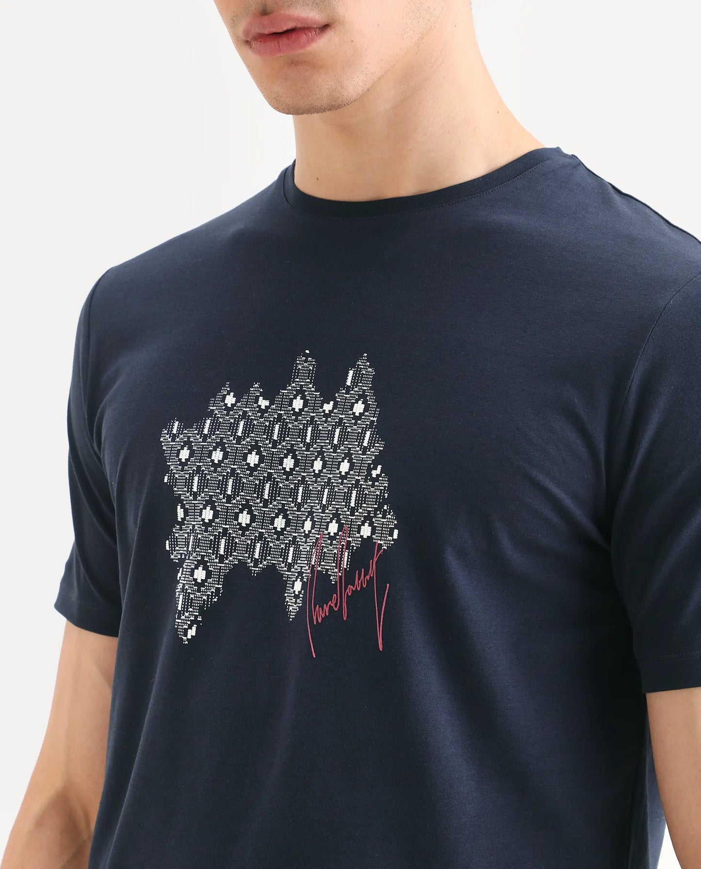 Rare Rabbit Men's Erine Navy Cotton Blend Fabric Half Sleeve Crew Neck Regular Fit Graphic Print T-Shirt