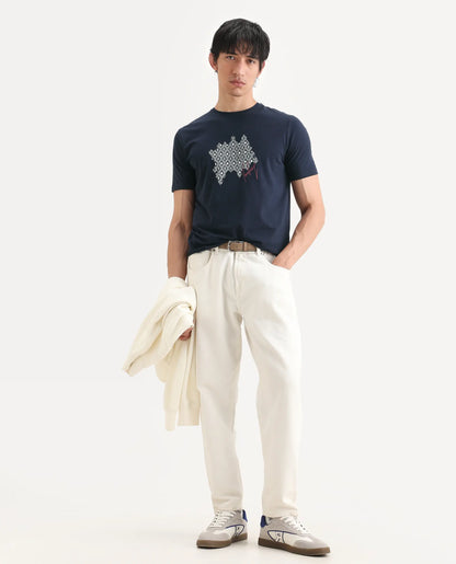 Rare Rabbit Men's Erine Navy Cotton Blend Fabric Half Sleeve Crew Neck Regular Fit Graphic Print T-Shirt