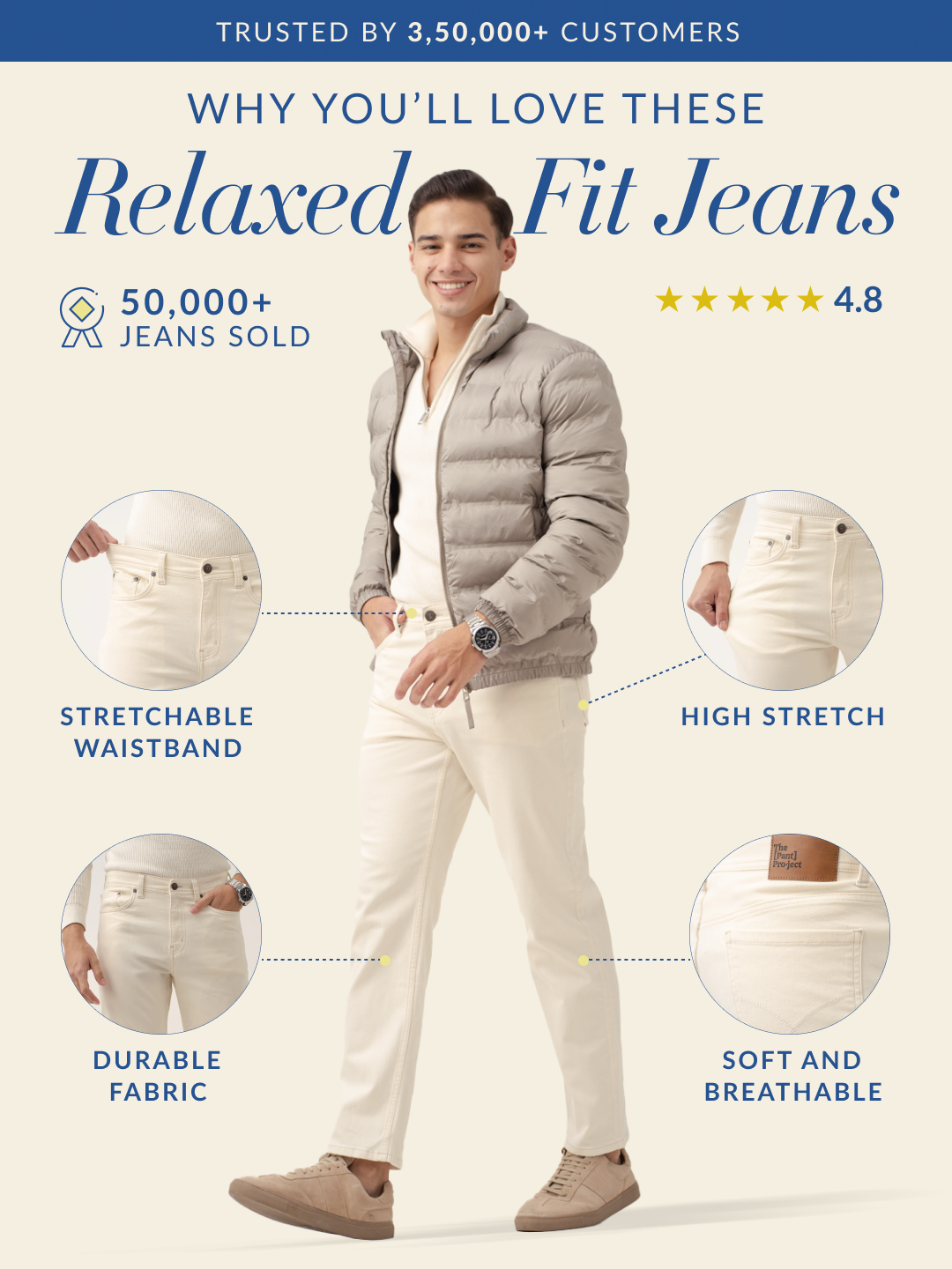 Ecru Beige Relaxed Fit Jeans