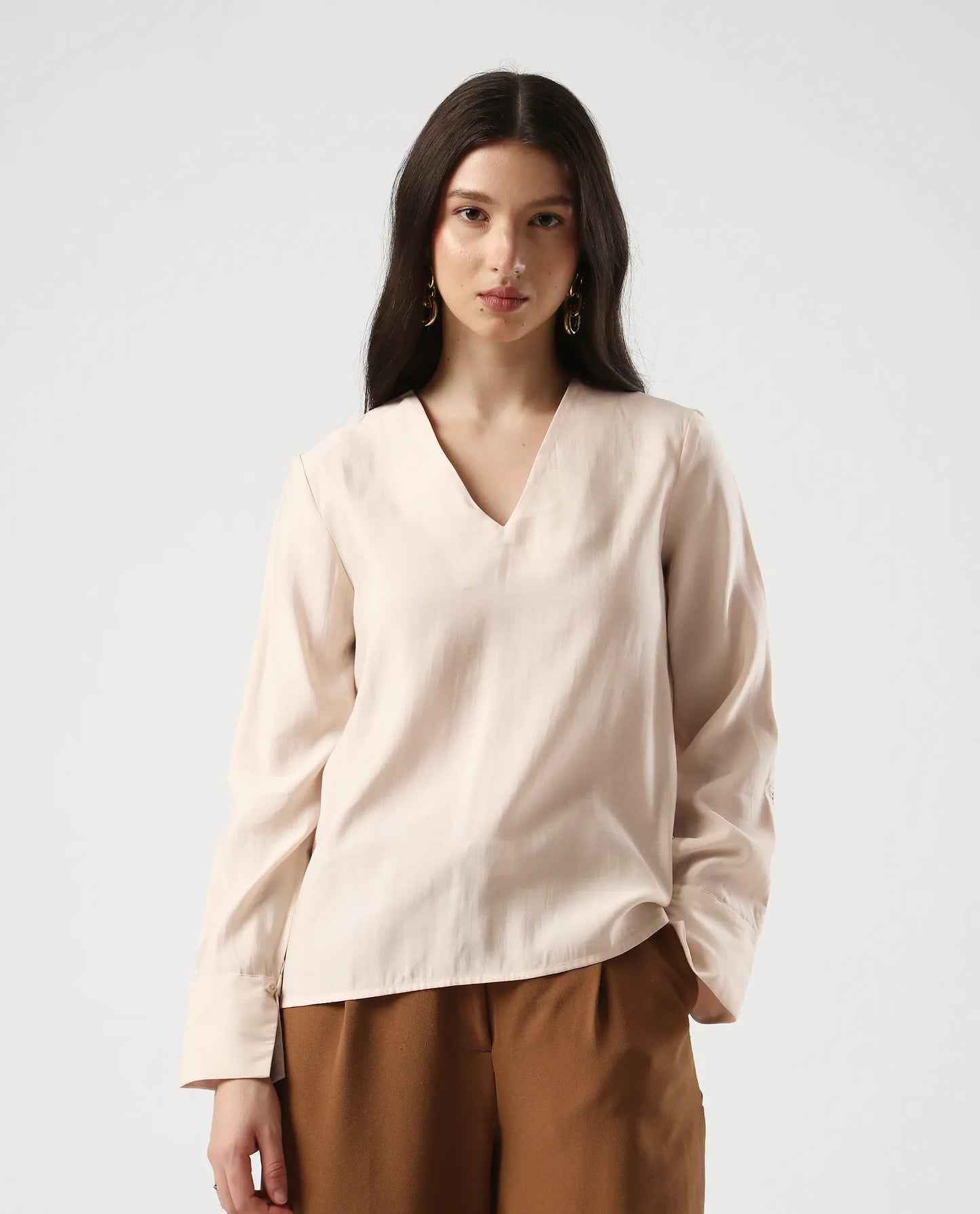 Rareism Women's Elani Beige Viscose Blend V-Neck Regular Fit Plain Top | RAREISM at Broadway