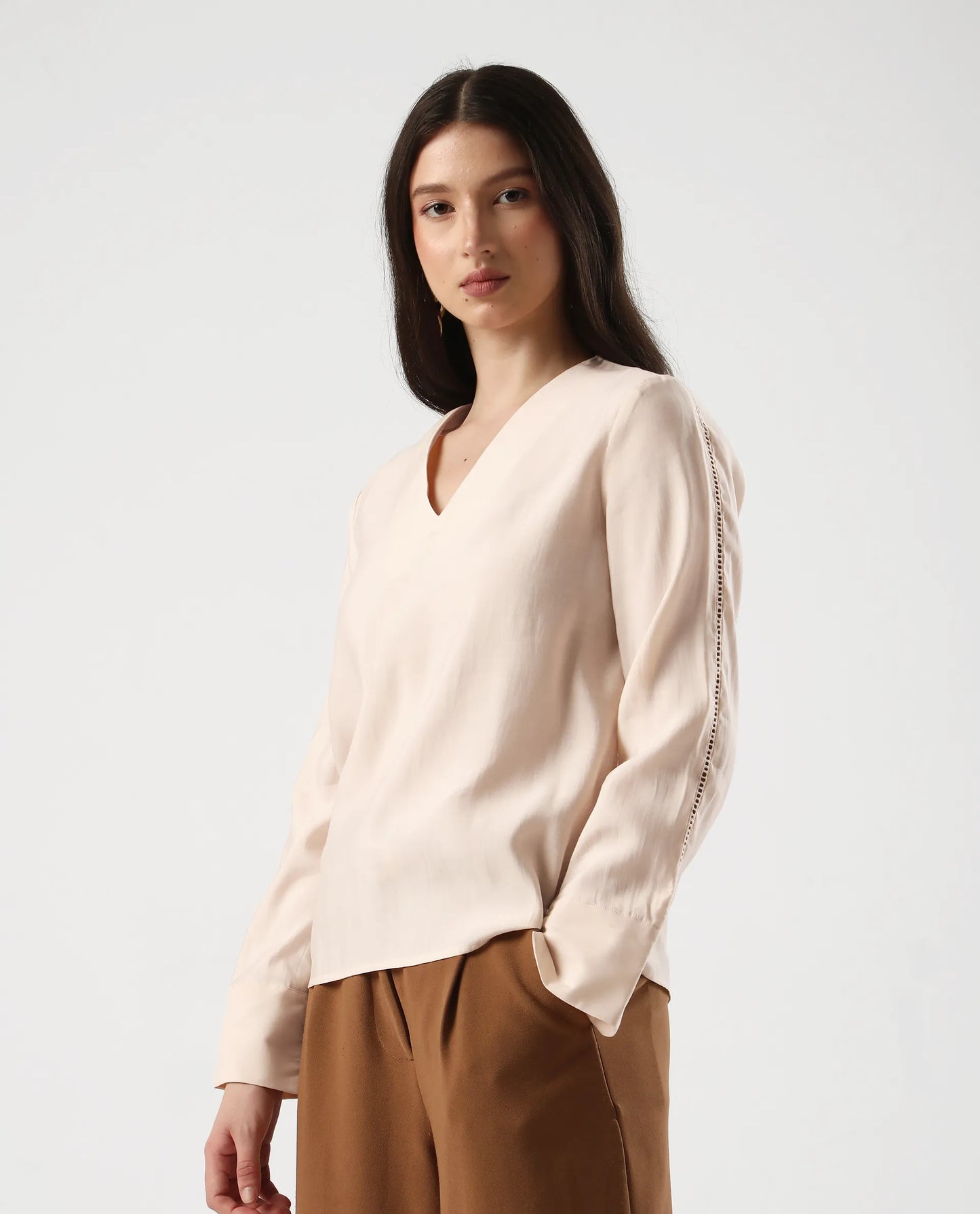 Rareism Women's Elani Beige Viscose Blend V-Neck Regular Fit Plain Top | RAREISM at Broadway