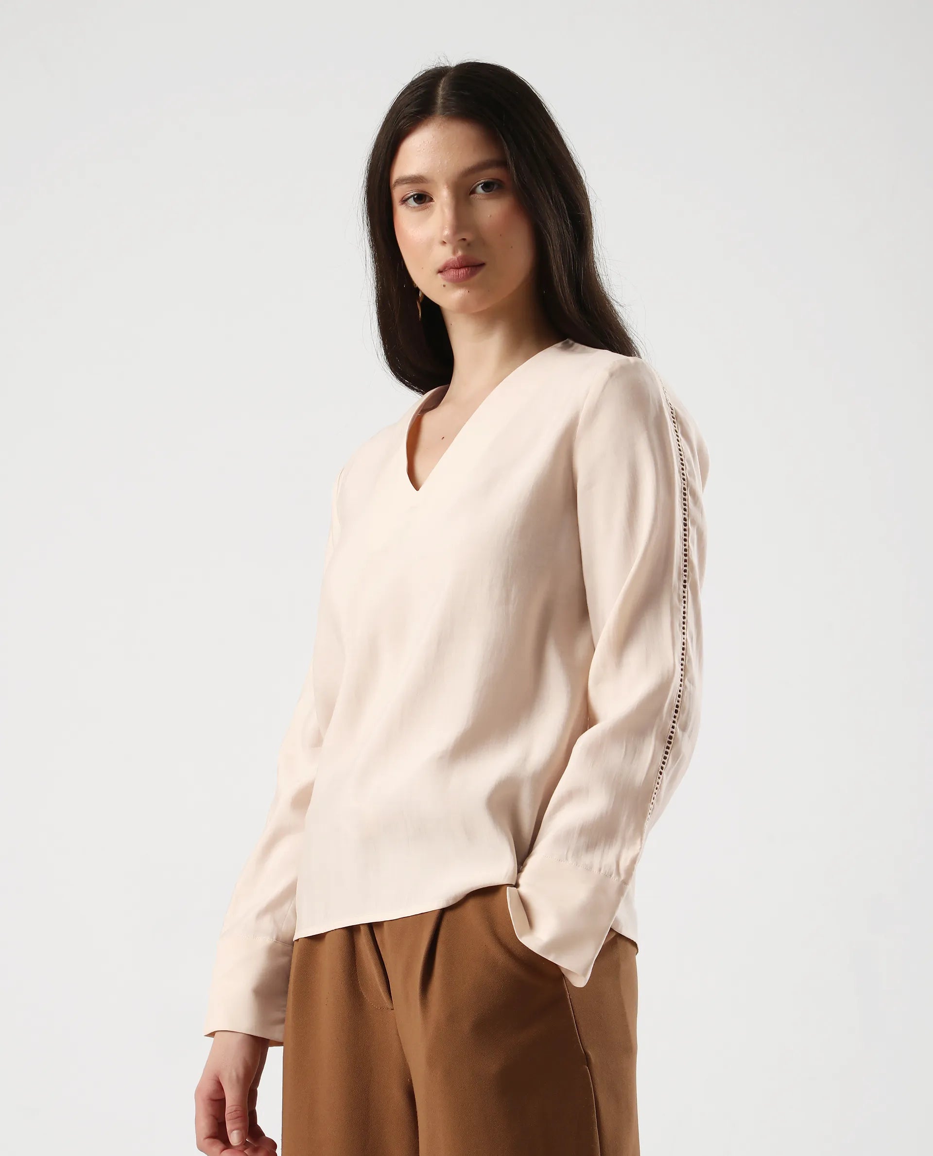 Rareism Women's Elani Beige Viscose Blend V-Neck Regular Fit Plain Top | RAREISM at Broadway