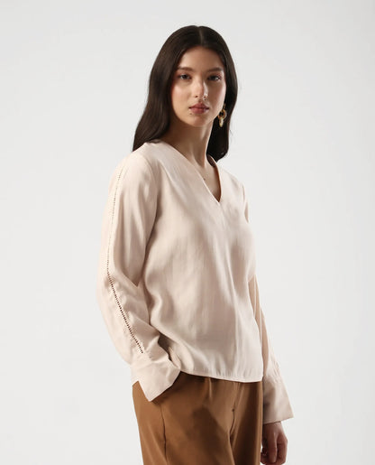 Rareism Women's Elani Beige Viscose Blend V-Neck Regular Fit Plain Top | RAREISM at Broadway
