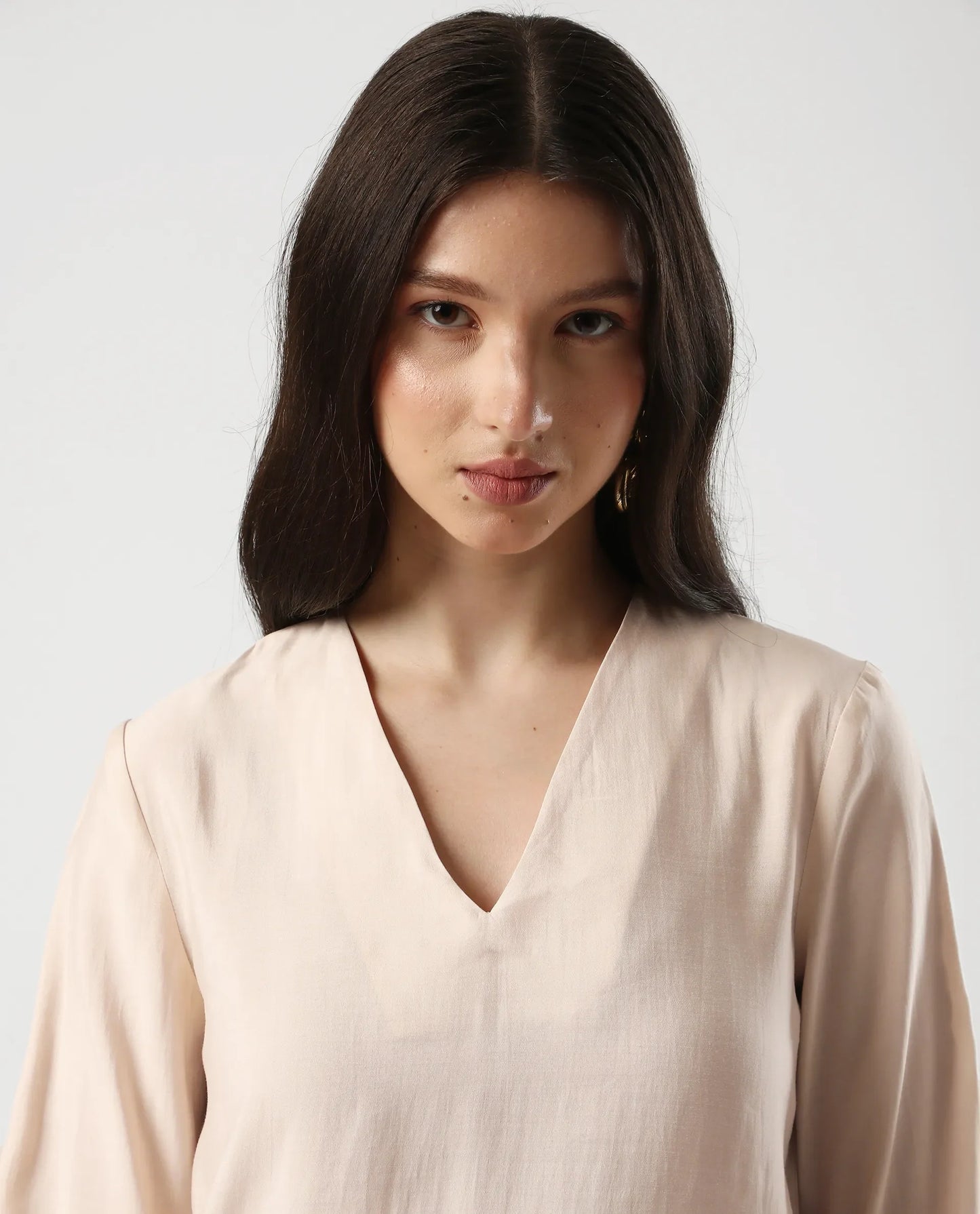 Rareism Women's Elani Beige Viscose Blend V-Neck Regular Fit Plain Top | RAREISM at Broadway