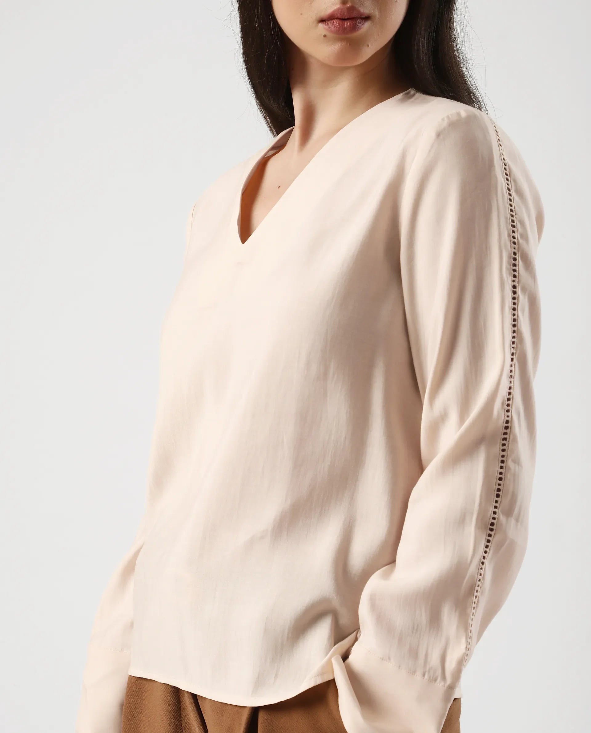 Rareism Women's Elani Beige Viscose Blend V-Neck Regular Fit Plain Top | RAREISM at Broadway