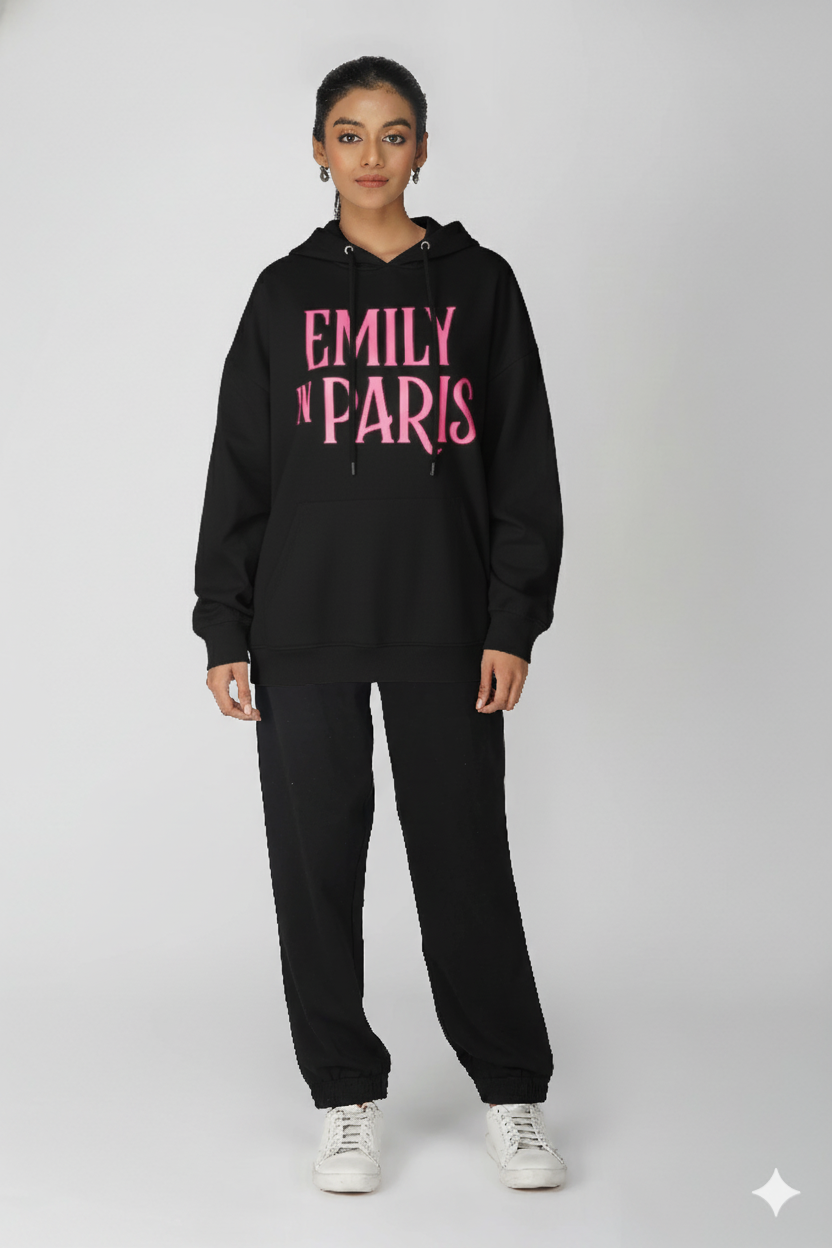 Emily In Paris: Printed Oversized Hoodie-Black