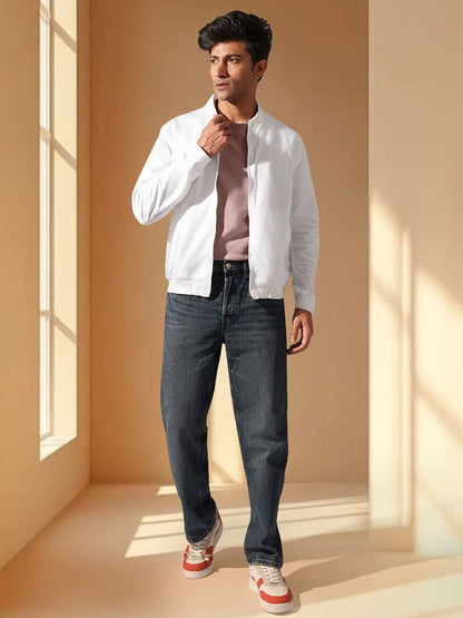 White Solid Zip-Front Bomber Jacket