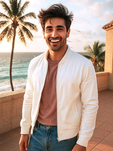 White Solid Zip-Front Bomber Jacket
