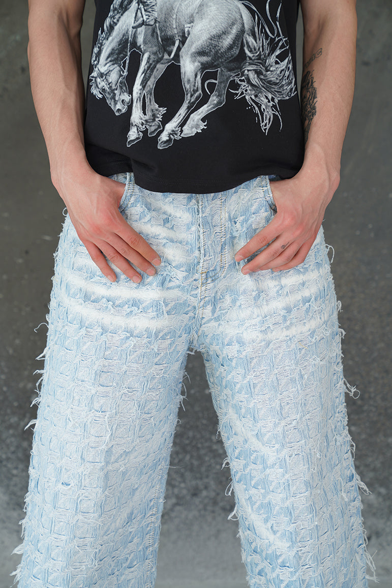 CHECKERED BLUE GRADIENT DISTRESSED FABRIC VALKYRE PANTS