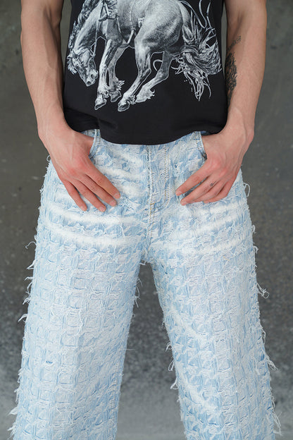 CHECKERED BLUE GRADIENT DISTRESSED FABRIC VALKYRE PANTS