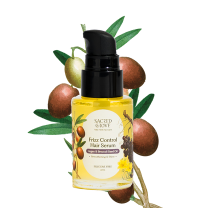 Argan Oil Frizz Control Serum for Dry Damaged Frizzy Hair Leave in Serum Silicone Free (30ml) | Sacred Grove at Broadway
