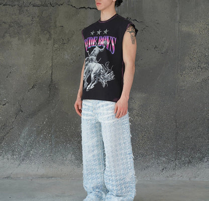 CHECKERED BLUE GRADIENT DISTRESSED FABRIC VALKYRE PANTS