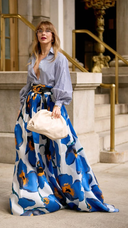 FLORAL BLUE MAXI SKIRT | De Novoo at Broadway