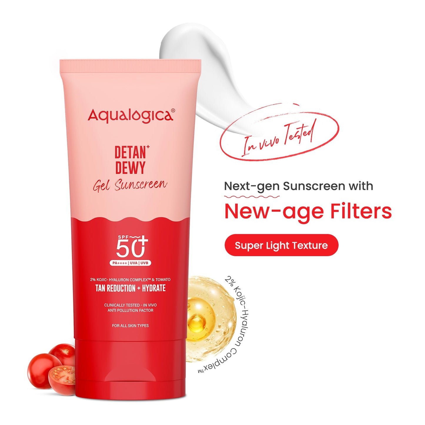 Detan+ Dewy Gel Sunscreen SPF 50+ PA++++ with 2% Kojic-Hyaluron Complexâ„¢ & Wild Berries - 80g