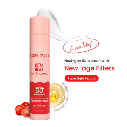 Detan+ Dewy Gel Sunscreen SPF 50+ PA++++ with 2% Kojic-Hyaluron Complexâ„¢ & Wild Berries - 50 g