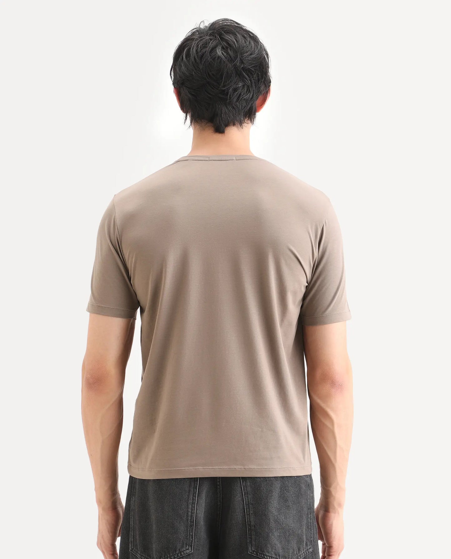 Rare Rabbit Men's Frea Beige Cotton Blend Fabric Half Sleeve Crew Neck Regular Fit Plain T-Shirt | Rare Rabbit at Broadway