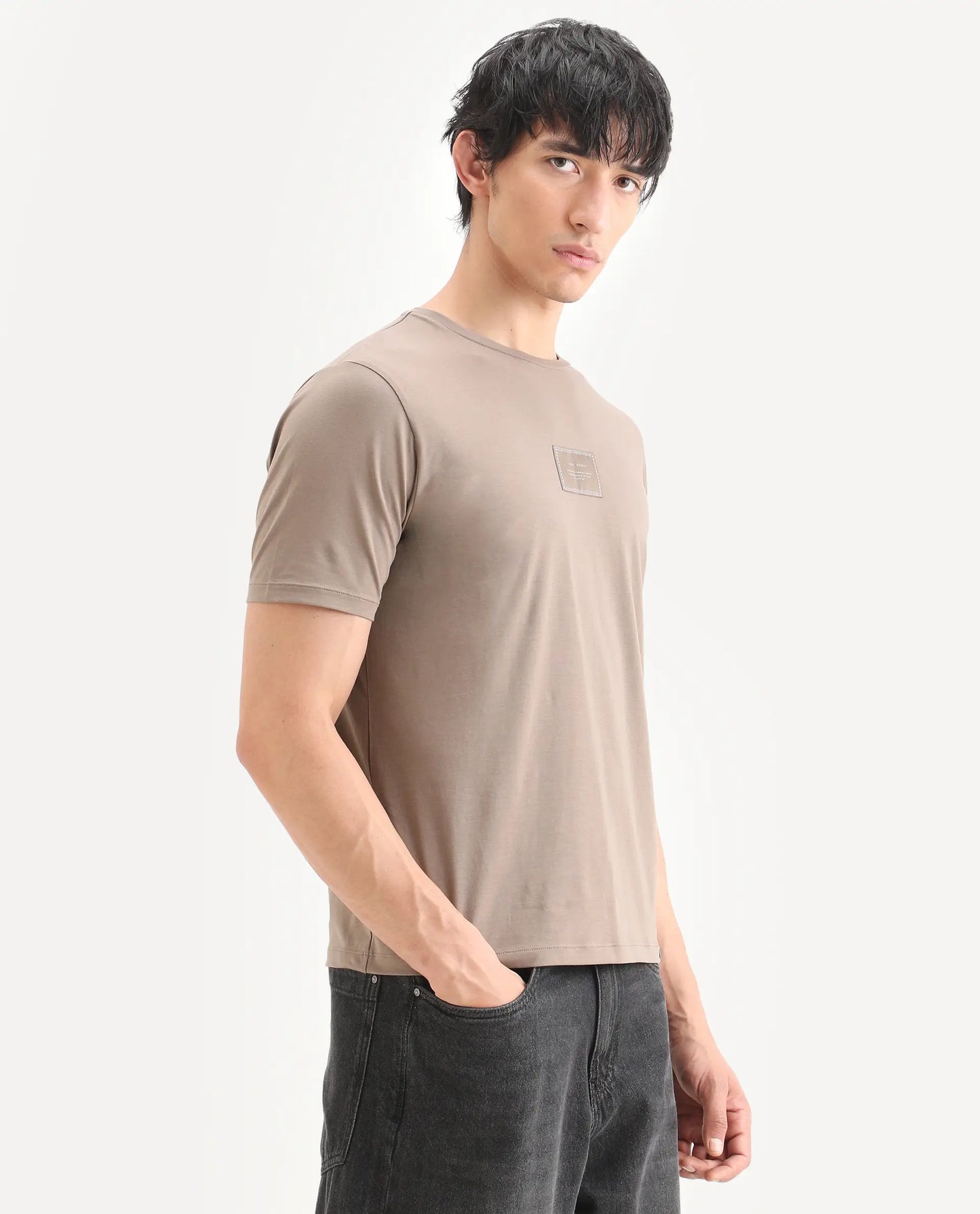 Rare Rabbit Men's Frea Beige Cotton Blend Fabric Half Sleeve Crew Neck Regular Fit Plain T-Shirt | Rare Rabbit at Broadway