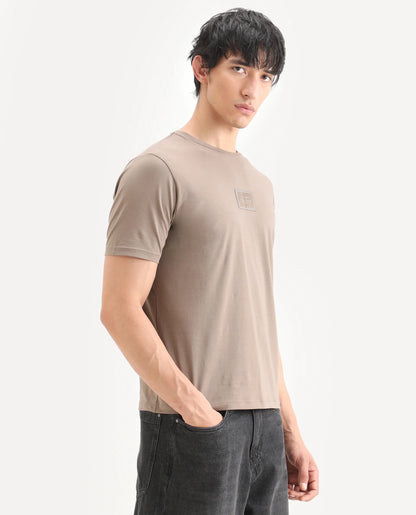 Rare Rabbit Men's Frea Beige Cotton Blend Fabric Half Sleeve Crew Neck Regular Fit Plain T-Shirt | Rare Rabbit at Broadway