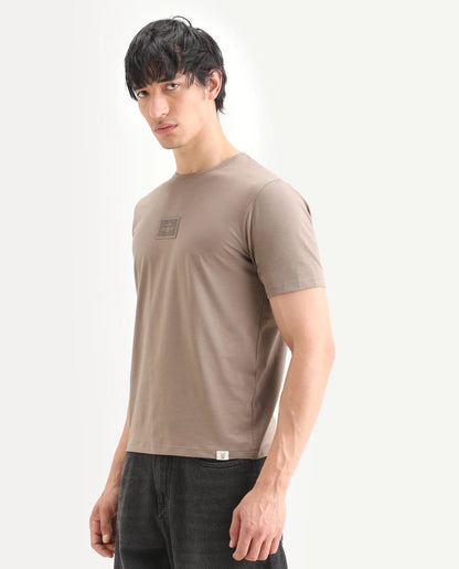 Rare Rabbit Men's Frea Beige Cotton Blend Fabric Half Sleeve Crew Neck Regular Fit Plain T-Shirt | Rare Rabbit at Broadway