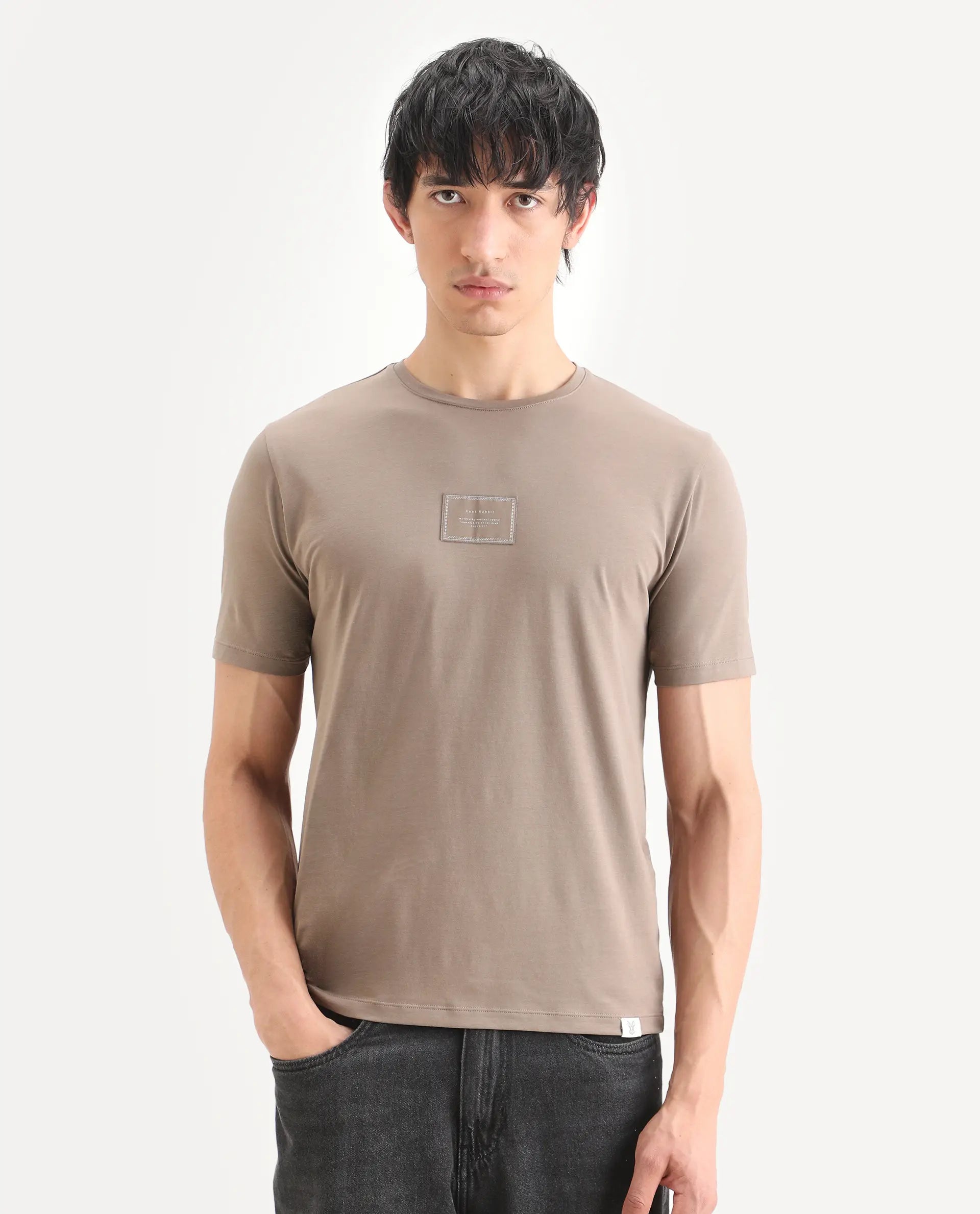 Rare Rabbit Men's Frea Beige Cotton Blend Fabric Half Sleeve Crew Neck Regular Fit Plain T-Shirt | Rare Rabbit at Broadway