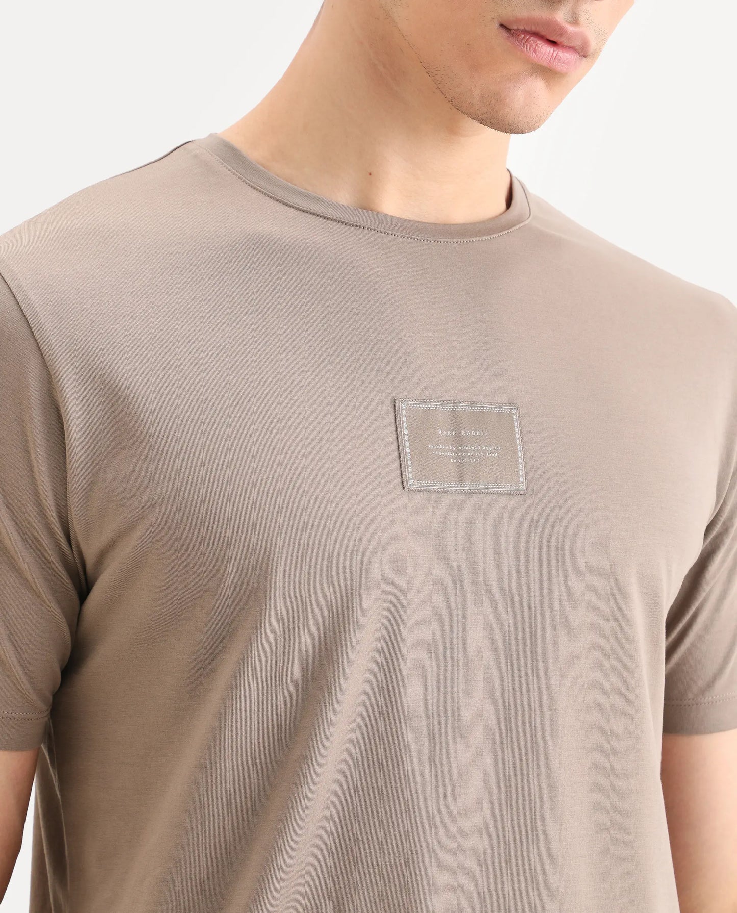 Rare Rabbit Men's Frea Beige Cotton Blend Fabric Half Sleeve Crew Neck Regular Fit Plain T-Shirt | Rare Rabbit at Broadway