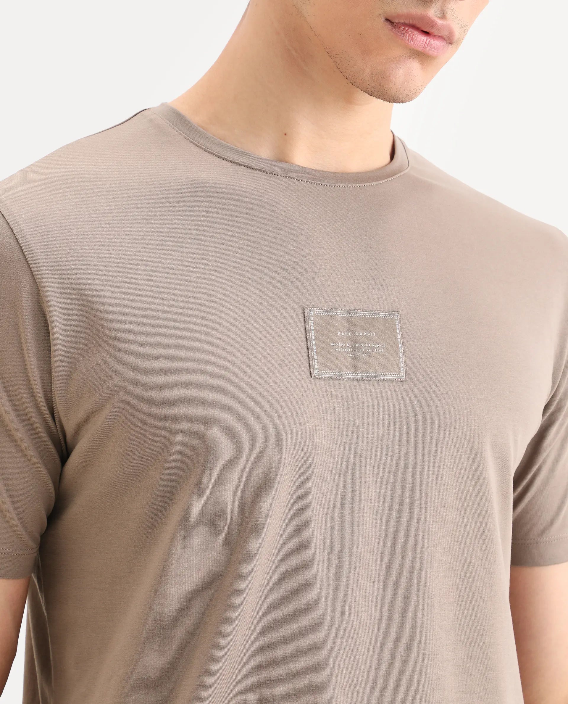 Rare Rabbit Men's Frea Beige Cotton Blend Fabric Half Sleeve Crew Neck Regular Fit Plain T-Shirt | Rare Rabbit at Broadway