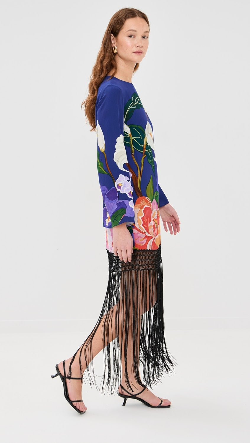 FRINGE TRIM BLUE FLORAL DRESS | De Novoo at Broadway