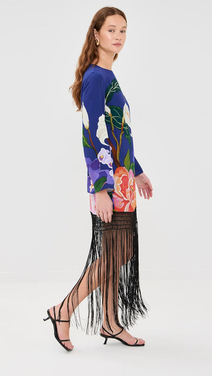 FRINGE TRIM BLUE FLORAL DRESS | De Novoo at Broadway