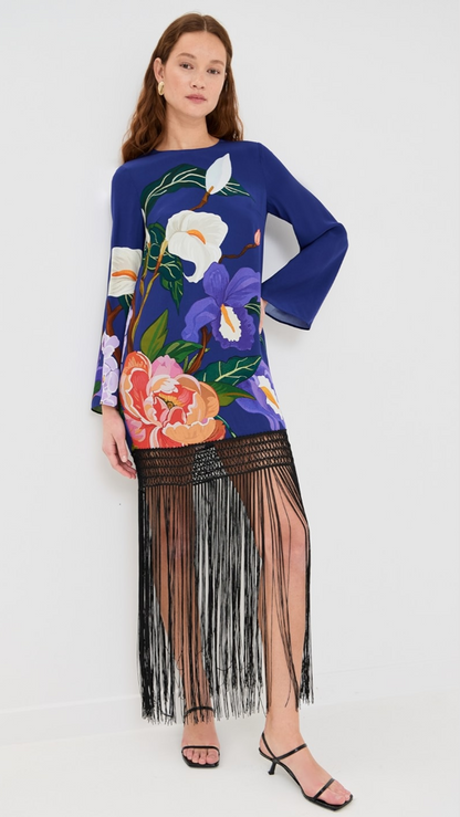 FRINGE TRIM BLUE FLORAL DRESS | De Novoo at Broadway