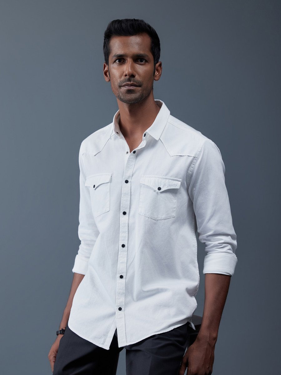 White Solid Cotton Twill Biker Shirt