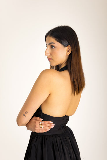 Black Halter Mini Dress With Bow