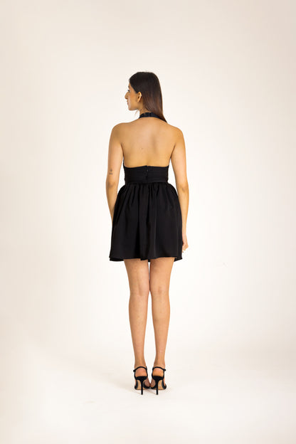 Black Halter Mini Dress With Bow