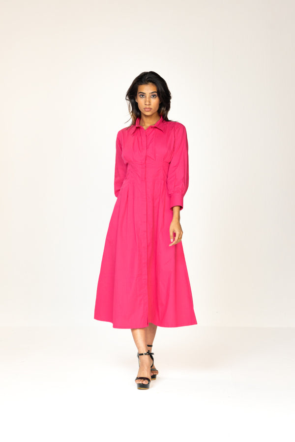 Hot Pink Pleated Shirt Dress
