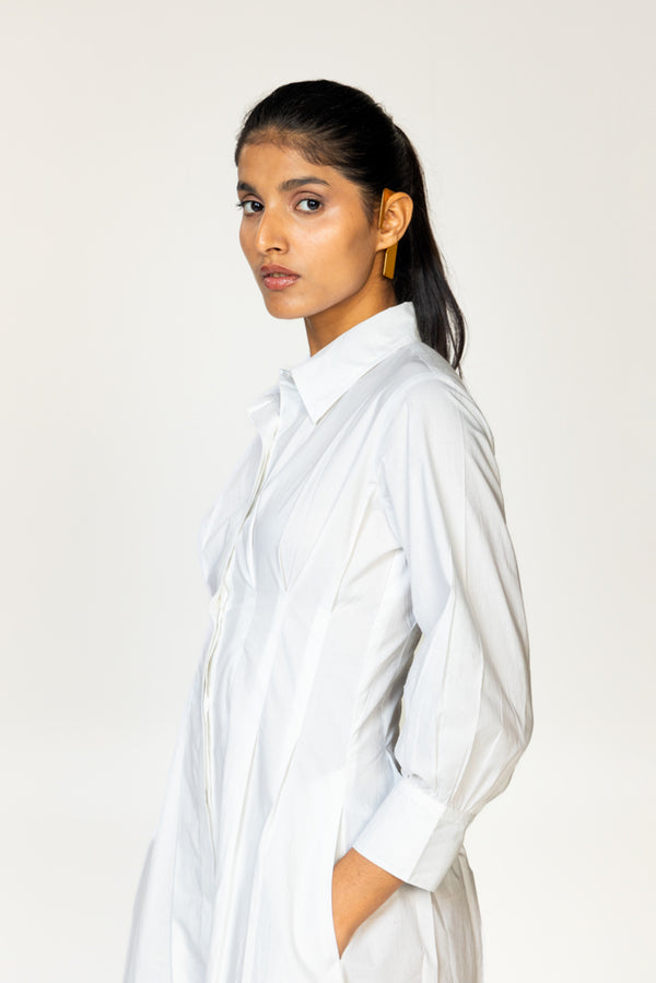 White Pleated Shirt Dress