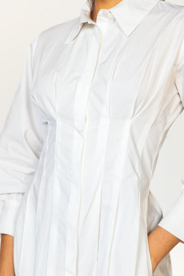 White Pleated Shirt Dress