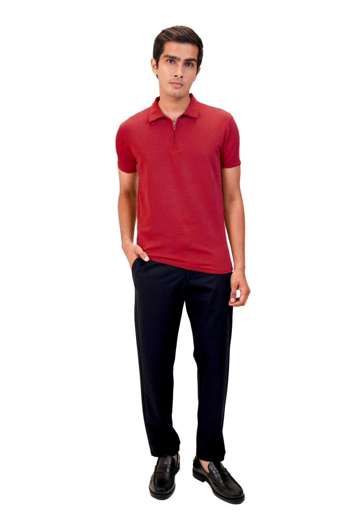 Suede Zipper Polo- Deep Red