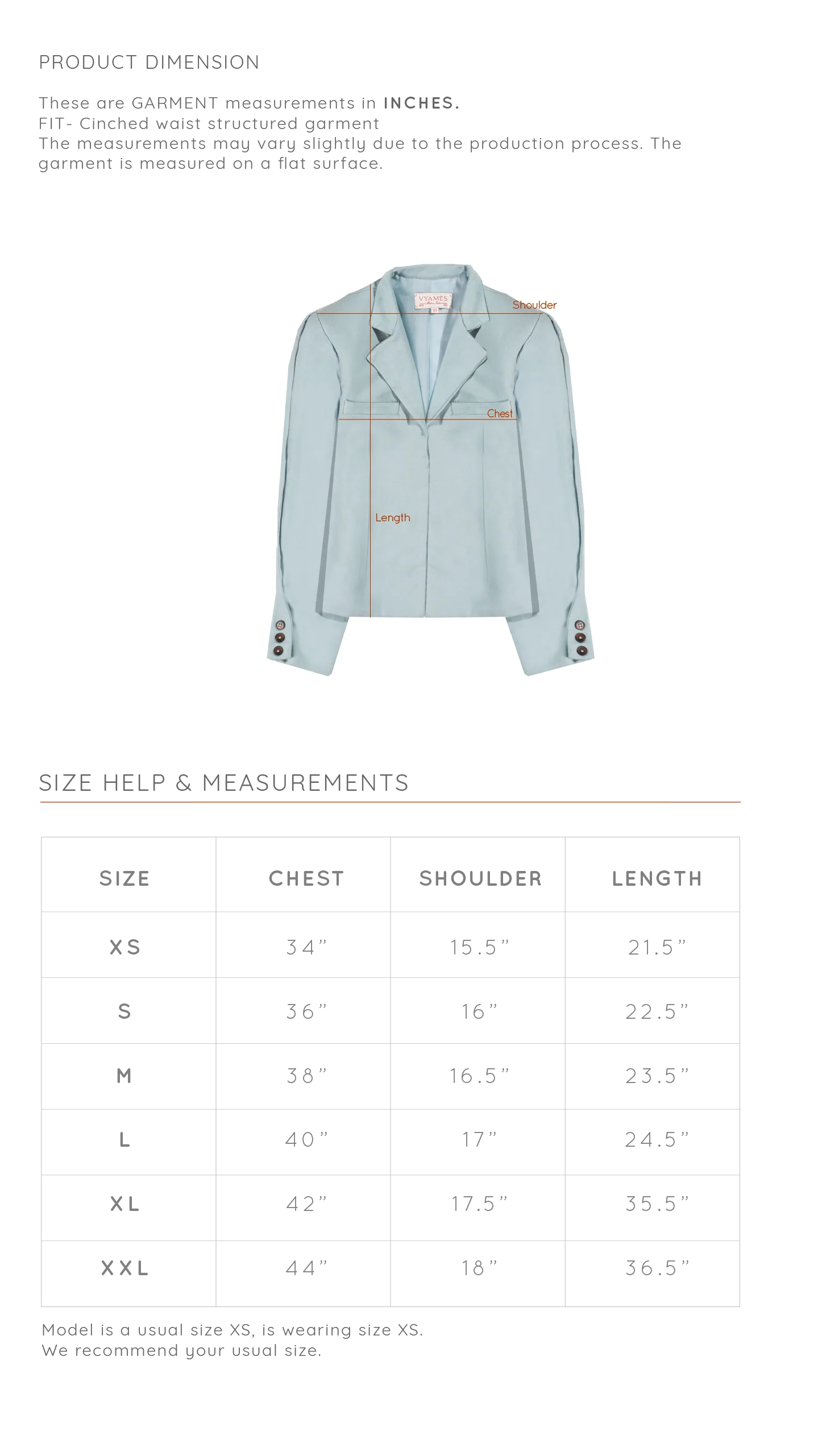 Size Chart for Ice Blue Gameboard Blazer