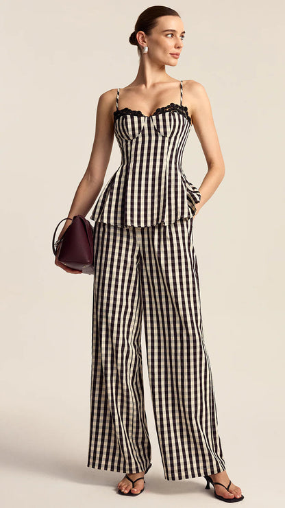GINGHAM WIDE LEG PEPLUM CO-ORD | De Novoo at Broadway