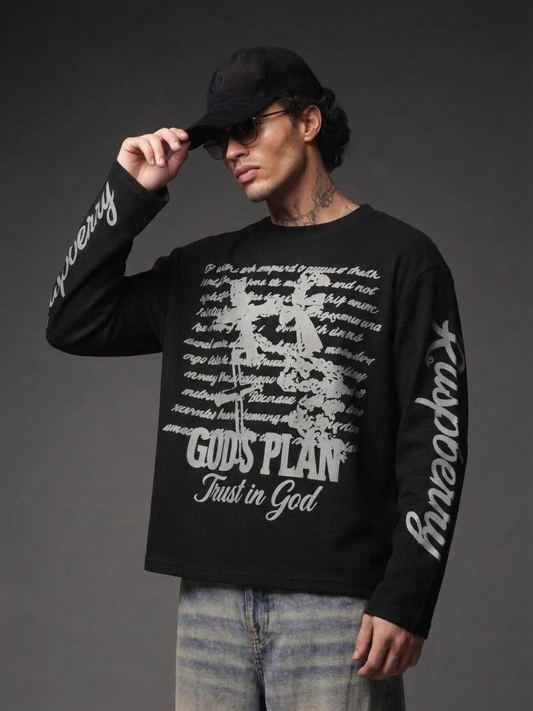 GODS PLAN BLACK WAFFLE TEE