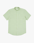 Bare Brown Mandarin Collar Cotton Linen Shirt, Slim Fit with Half Sleeves - Green