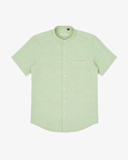 Bare Brown Mandarin Collar Cotton Linen Shirt, Slim Fit with Half Sleeves - Green