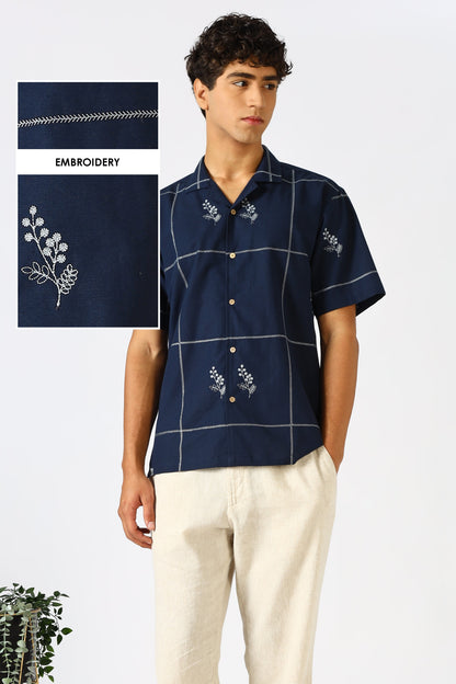 Coastal Grid Embroidered Cuban Blue Shirt | Hamptons at Broadway