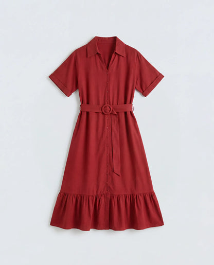 Rareism Women's Elate Red Viscose Half Sleeve A-Line Plain Dress