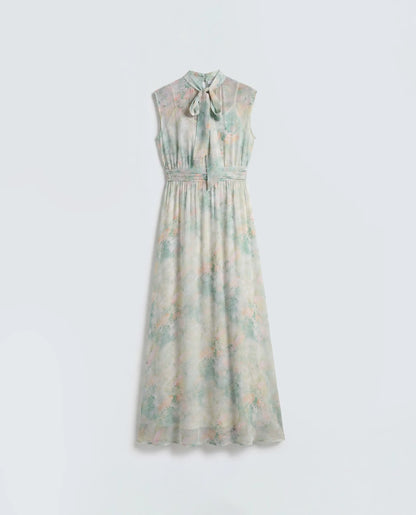 Rareism Women's Hian Light Green Viscose Blend High Neck Fit And Flare All Over Print Dress