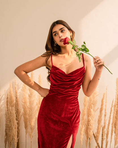 Red Velvet Cowl Neck Dress
