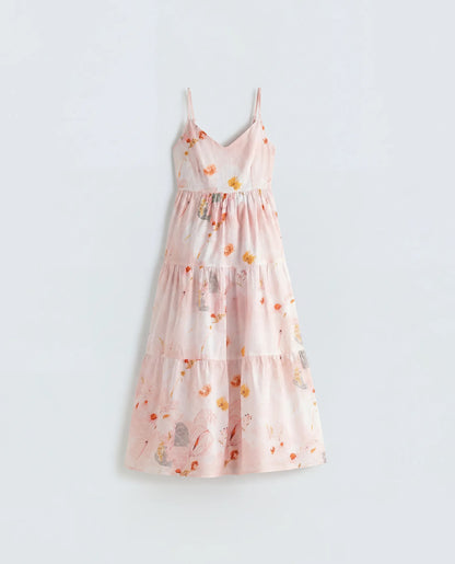 Rareism Women's Ruano Pastel Pink Cotton V-Neck Tiered Botanical Print Dress