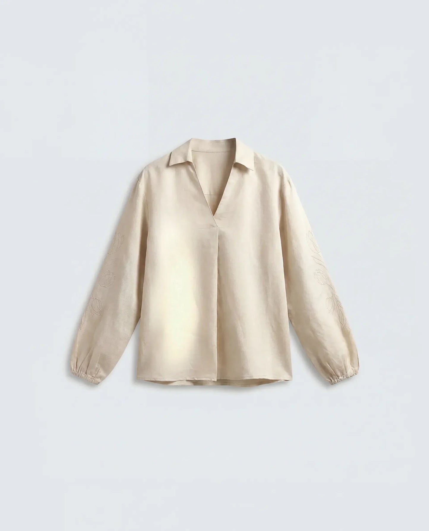 Rareism Women's Ruemb Beige Linen Blend Johnny Collar Relaxed Plain Top