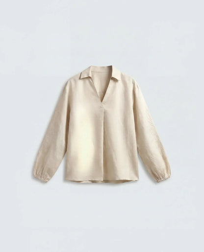 Rareism Women's Ruemb Beige Linen Blend Johnny Collar Relaxed Plain Top