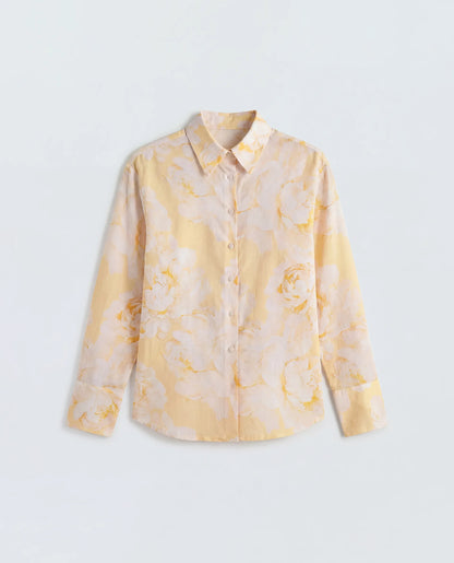 Rareism Women's Rufin Pastel Yellow Cotton Spread Collar Relaxed Floral Print Shirt